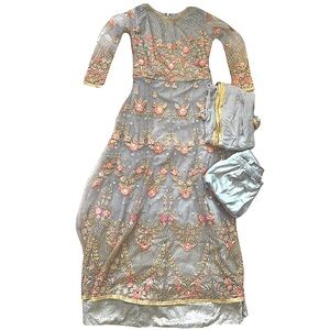 Light Gray Floral Embroidered Net Gown Salwar Kameez Size Small 34